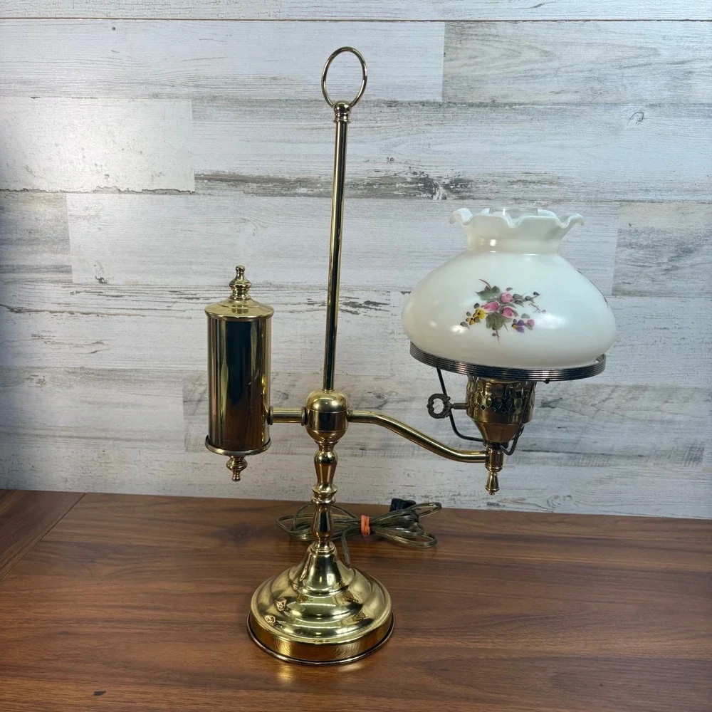 Antique Brass Student Oil Lamp Modified Wired Working with Floral Single Arm
